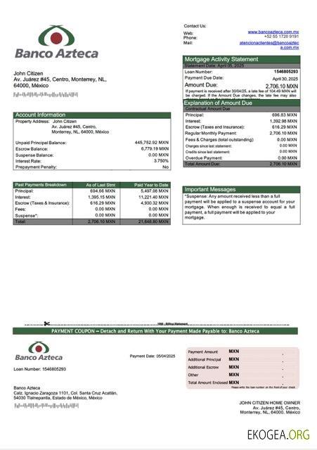 Modèle Word et PDF de relevé hypothécaire de Banco Azteca au Mexique